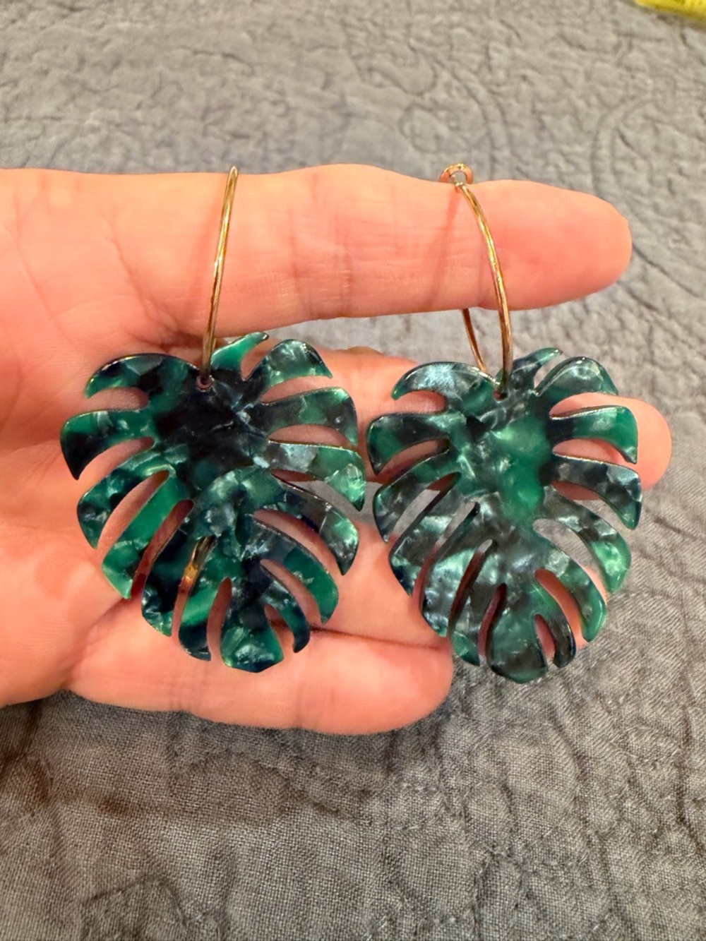 Green Marbled Monstera Leaf Hoop Earrings - Women Jewelry